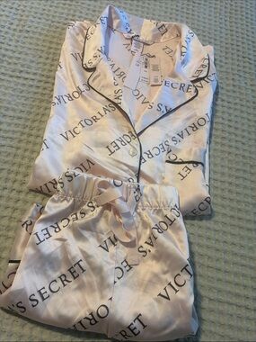 Victoria's Secret Pink Satin Logo Pajama Set with Black Piping